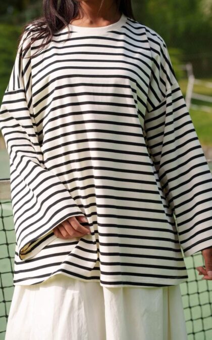 Stribet bomuldsbluse – sort